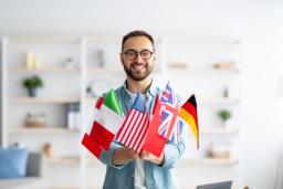 Man holding various countries' flags